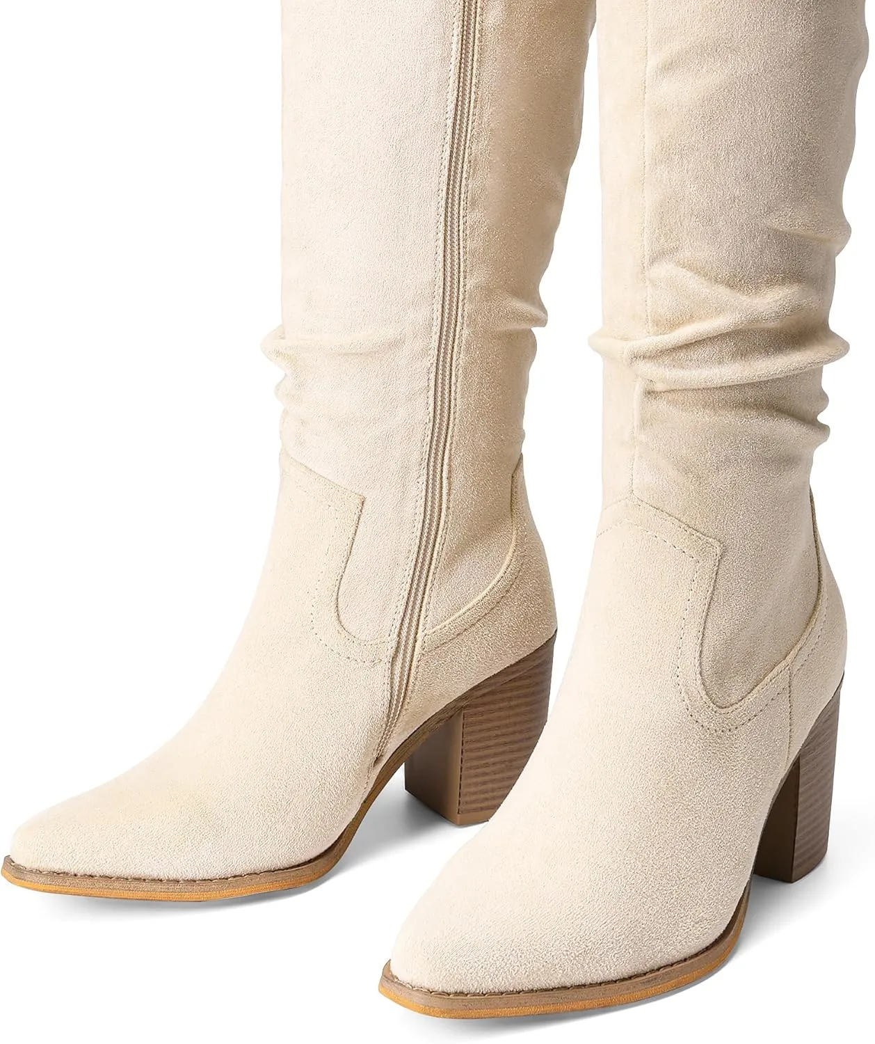 DREAM PAIRS Women's Knee-High Boots, Comfortable Chunky Block Heel Pointed Toe Pull On Side Zipper Suede Slouch Riding Boots