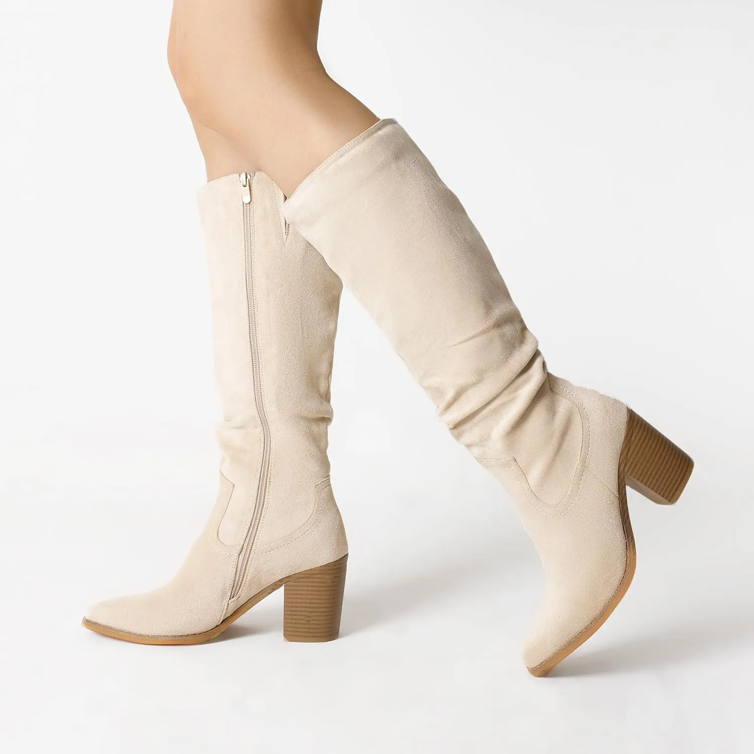 DREAM PAIRS Women's Knee-High Boots, Comfortable Chunky Block Heel Pointed Toe Pull On Side Zipper Suede Slouch Riding Boots