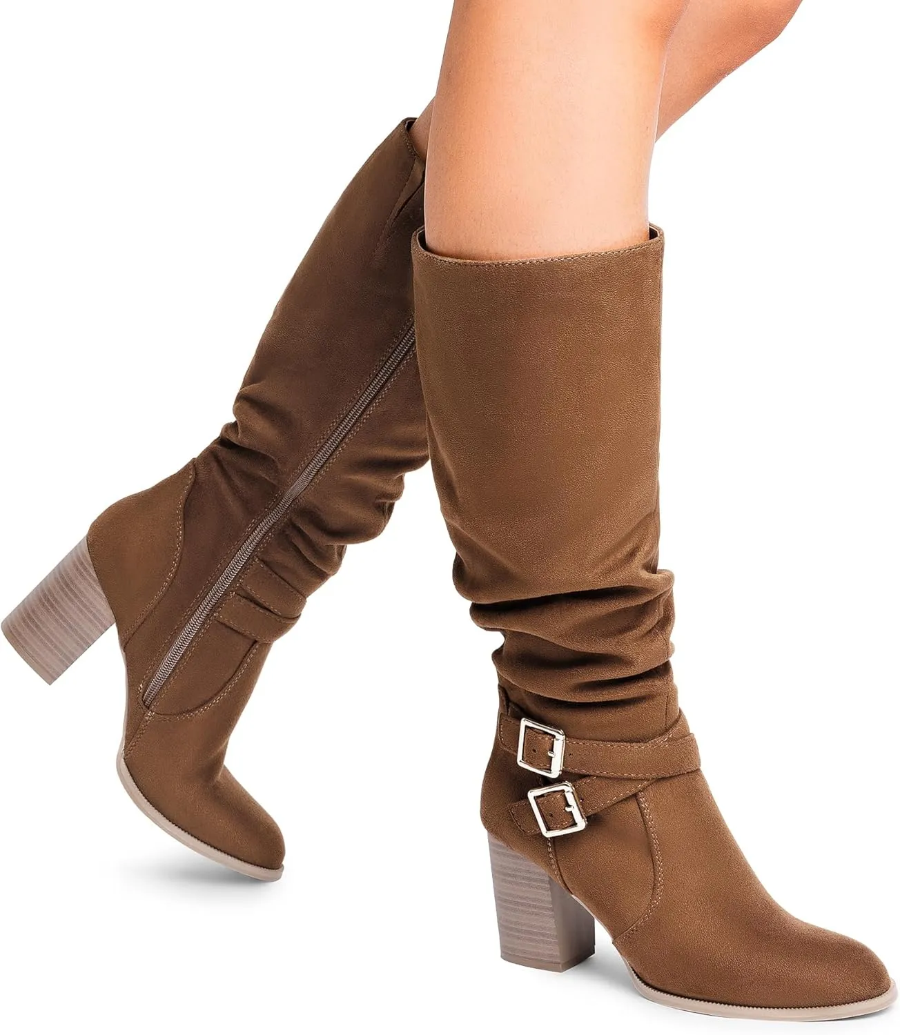 DREAM PAIRS Women's Knee High Boots Slouchy Chunky Heeled Buckle Long Boots for Women Side Zipper Tall Boots
