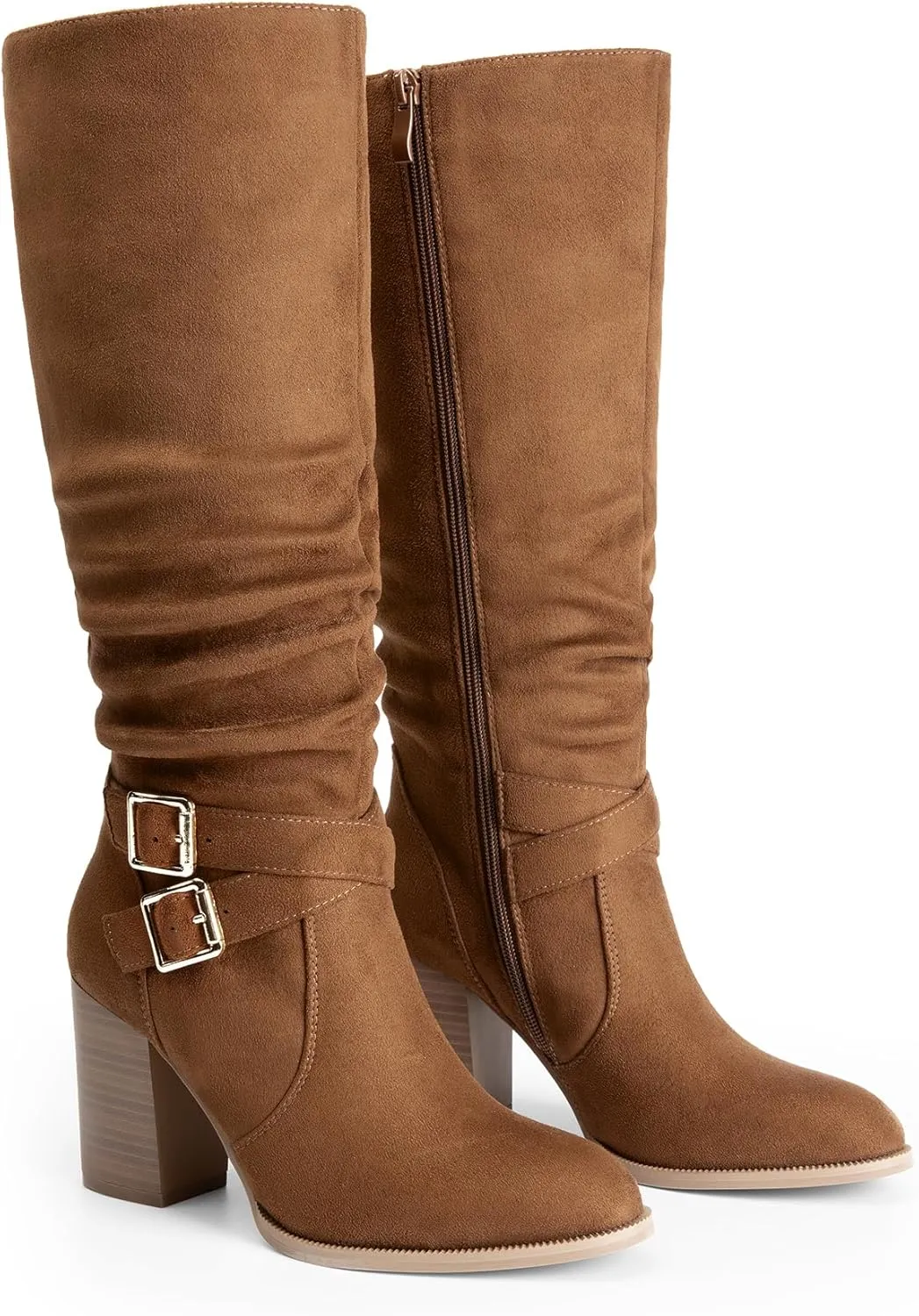 DREAM PAIRS Women's Knee High Boots Slouchy Chunky Heeled Buckle Long Boots for Women Side Zipper Tall Boots