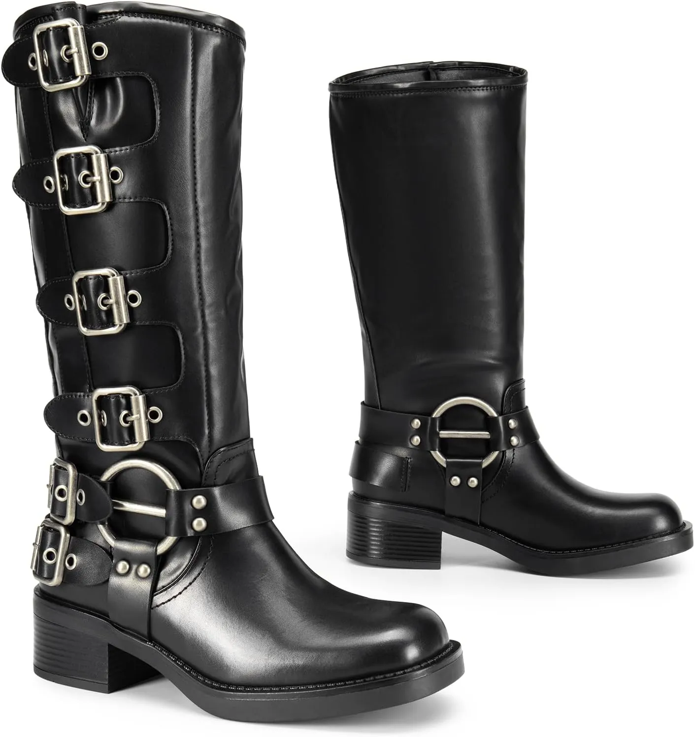 DREAM PAIRS Women's Knee High Riding Boots Slip On Motorcycle Boots Square Toe Chunky Heel Fashion Buckles Biker Boots