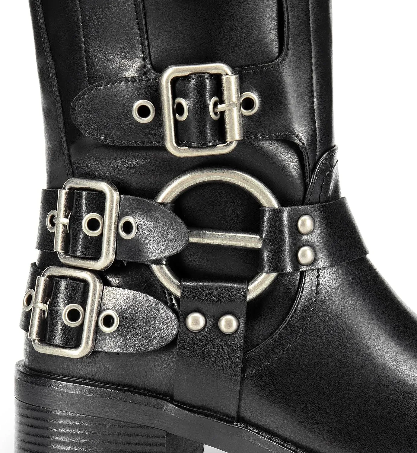 DREAM PAIRS Women's Knee High Riding Boots Slip On Motorcycle Boots Square Toe Chunky Heel Fashion Buckles Biker Boots