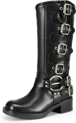 DREAM PAIRS Women's Knee High Riding Boots Slip On Motorcycle Boots Square Toe Chunky Heel Fashion Buckles Biker Boots