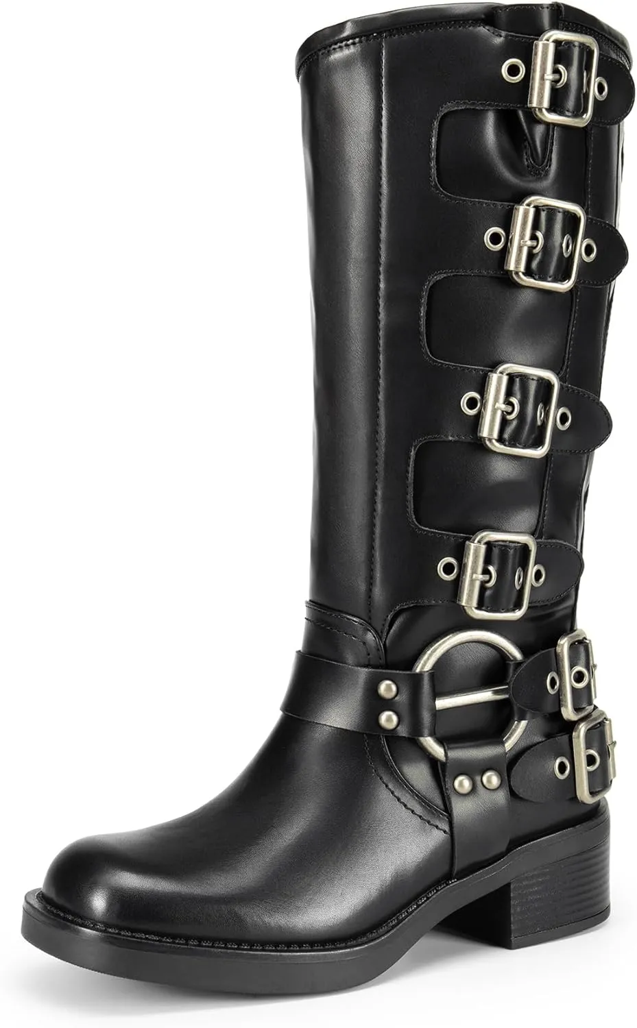 DREAM PAIRS Women's Knee High Riding Boots Slip On Motorcycle Boots Square Toe Chunky Heel Fashion Buckles Biker Boots