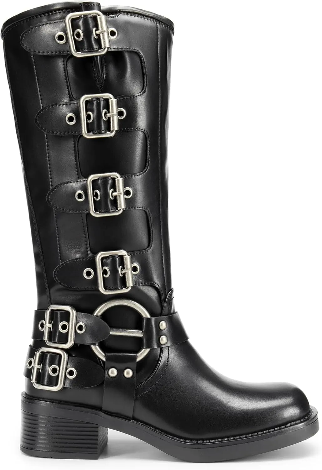 DREAM PAIRS Women's Knee High Riding Boots Slip On Motorcycle Boots Square Toe Chunky Heel Fashion Buckles Biker Boots