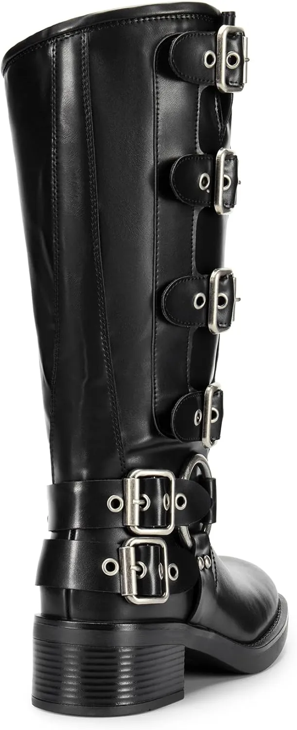 DREAM PAIRS Women's Knee High Riding Boots Slip On Motorcycle Boots Square Toe Chunky Heel Fashion Buckles Biker Boots
