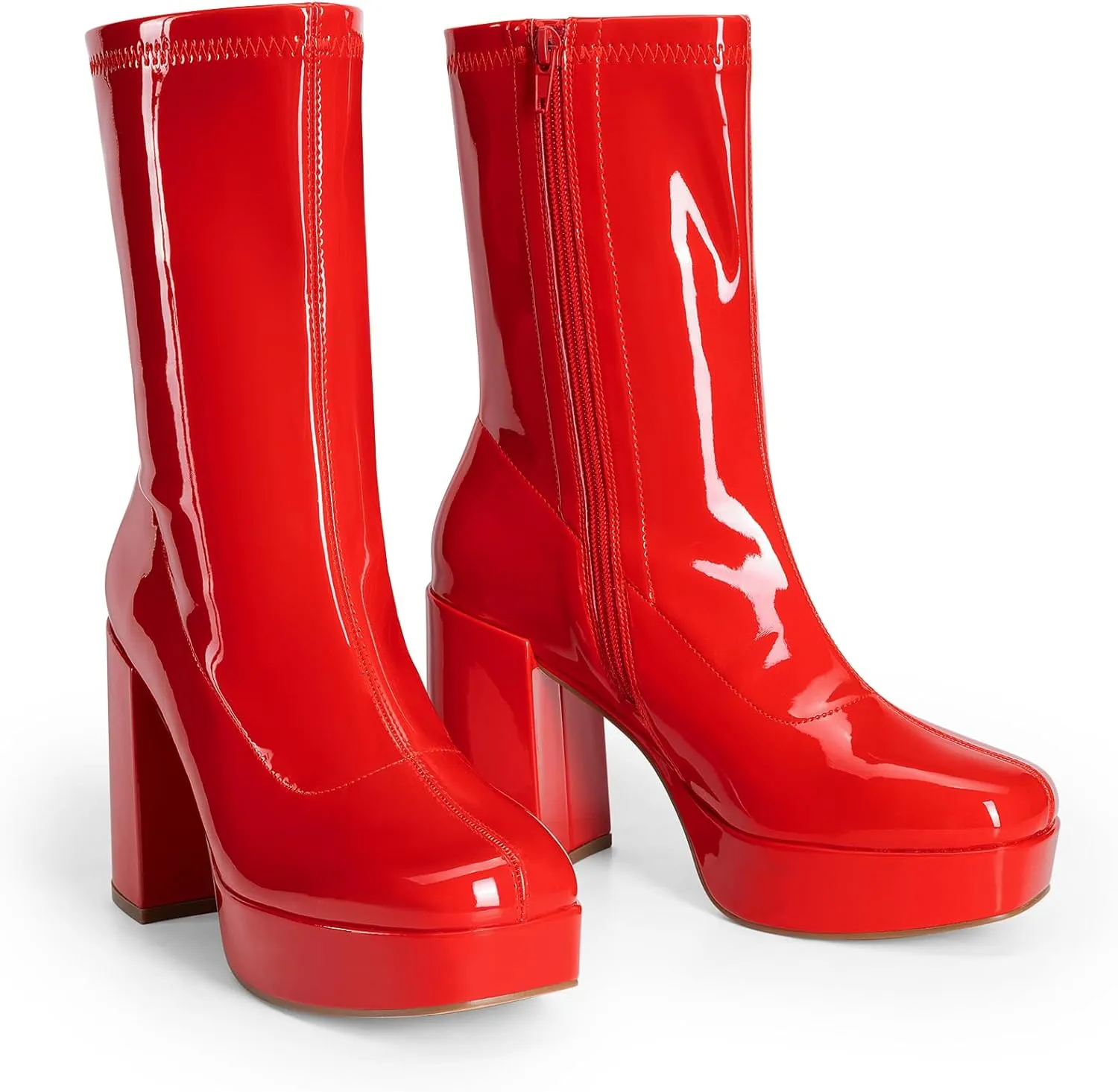 DREAM PAIRS Women's Mid Calf Gogo Boots Platform High Chunky Block Heel Square Toe Ankle Boots