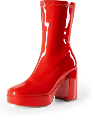 DREAM PAIRS Women's Mid Calf Gogo Boots Platform High Chunky Block Heel Square Toe Ankle Boots