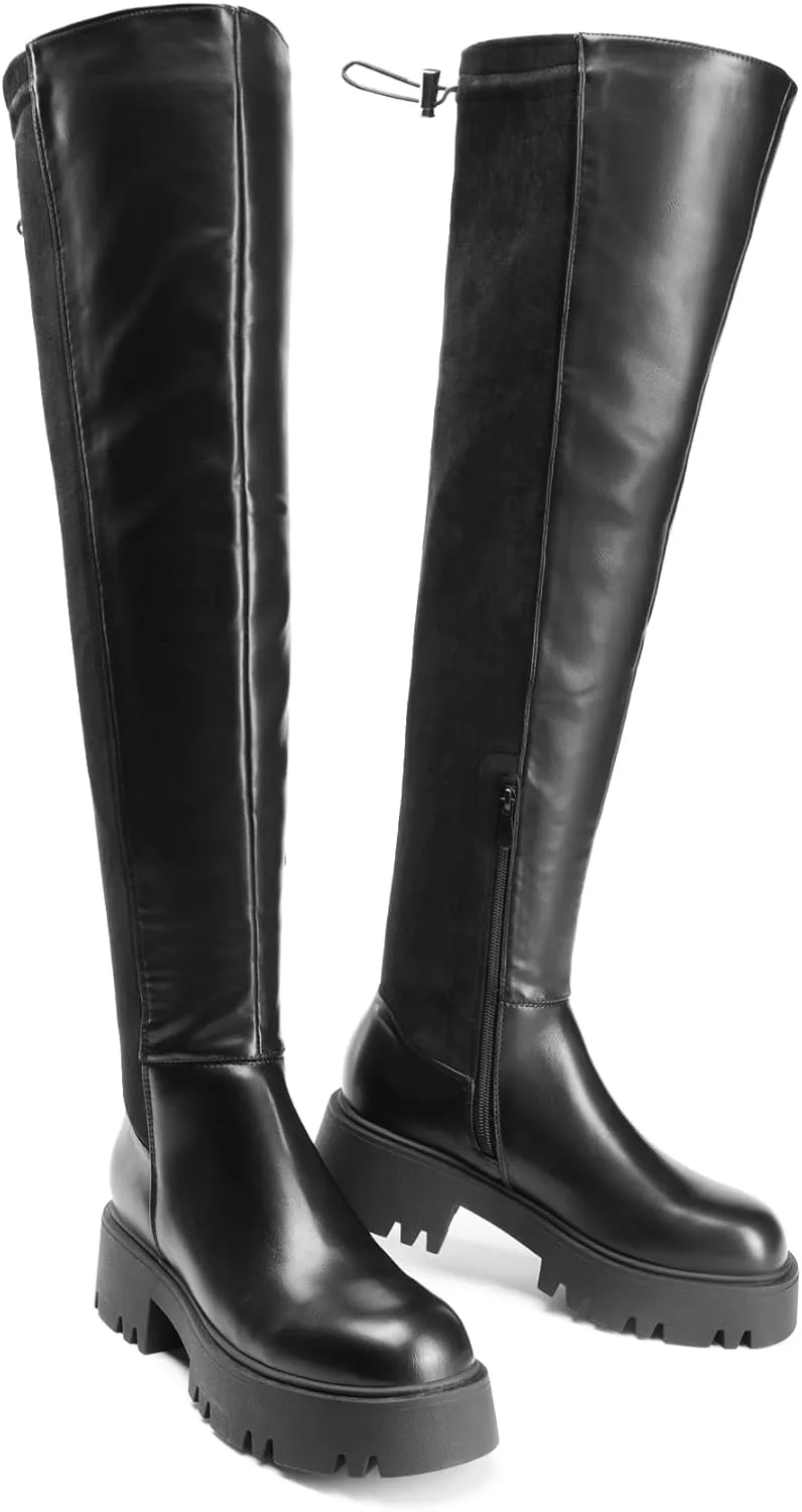 DREAM PAIRS Women's Platform Over The Knee Boots Lug Sole Round Toe Thigh High Long Chunky Block Heels Fall Boots