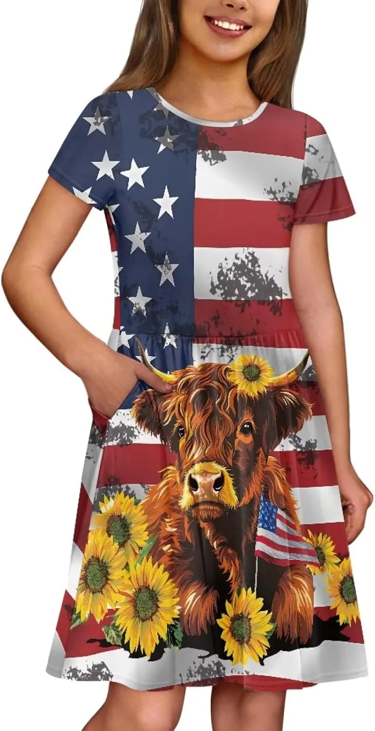 Dresses for Girls 2-14 Years Old Kids Summer Dress Casual Short Sleeve A Line Skater Dresses