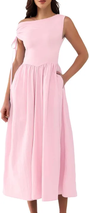 DRESSTELLS Summer Off The Shoulder Dresses for Women, One Short Sleeve Midi Casual Beach Vacation Dress with Pockets