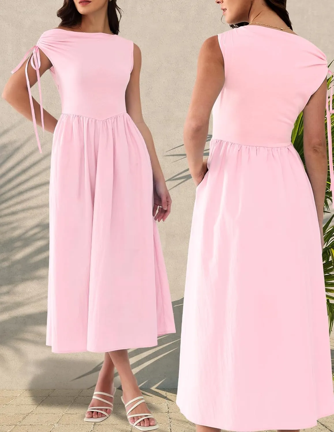 DRESSTELLS Summer Off The Shoulder Dresses for Women, One Short Sleeve Midi Casual Beach Vacation Dress with Pockets