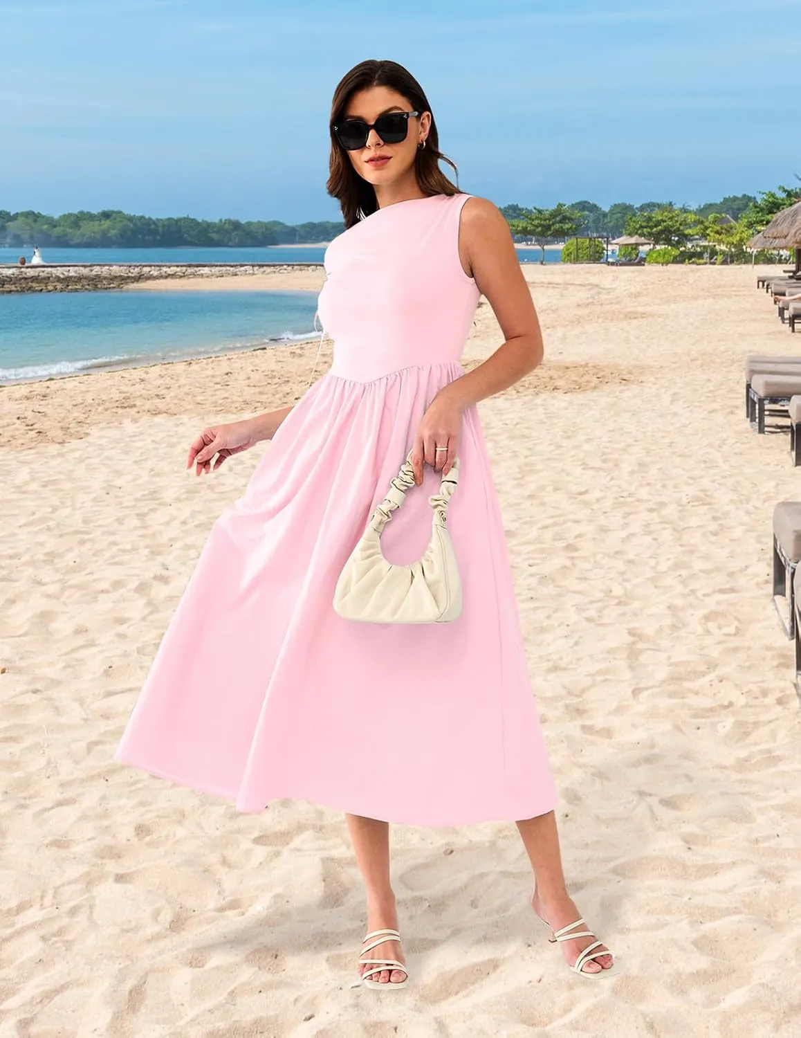 DRESSTELLS Summer Off The Shoulder Dresses for Women, One Short Sleeve Midi Casual Beach Vacation Dress with Pockets