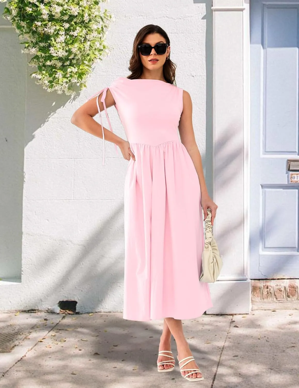DRESSTELLS Summer Off The Shoulder Dresses for Women, One Short Sleeve Midi Casual Beach Vacation Dress with Pockets
