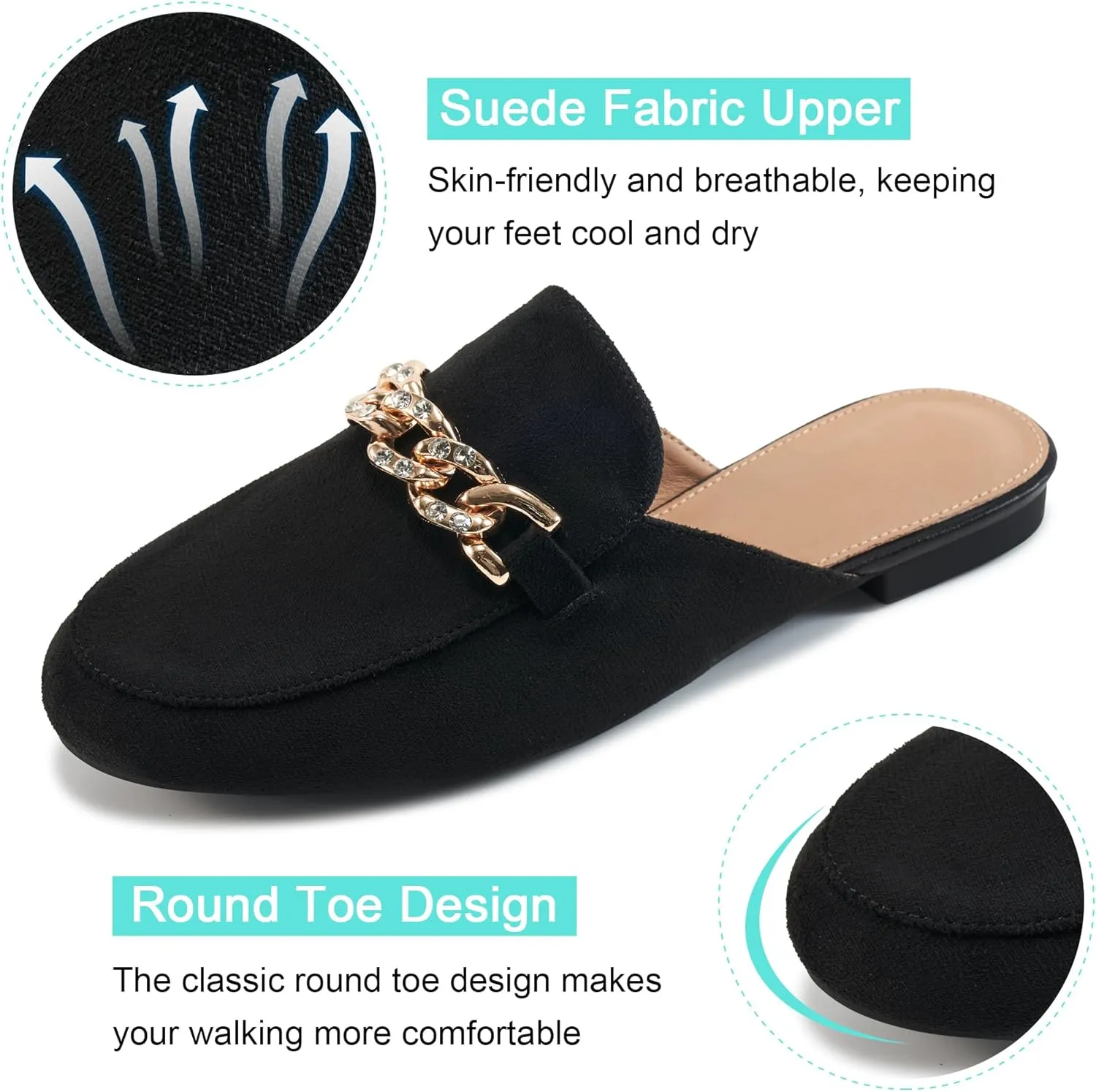 Ecetana Women Mules Flats Shoes Comfortable Metal Chain Rhinestone Round Toe Backless Loafers Slip on Casual Slides