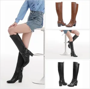 EETTARO Women's Block Mid Heel Boots Knee High Winter Booties Fashion Pointed Toe Elastic Buckle Boot