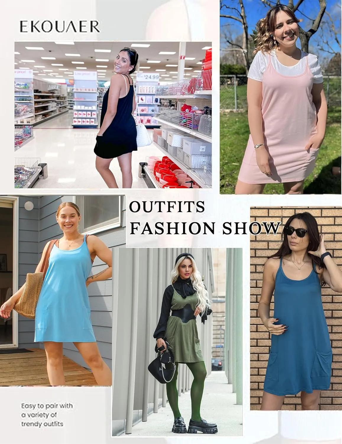 Ekouaer Nightgowns for Women Cotton Sleepwear Adjustable Spaghetti Strap Sleepshirt Racerback Sleep Dress with Pockets S-3XL