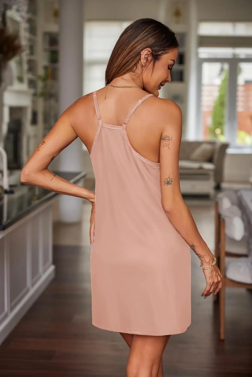 Ekouaer Nightgowns for Women Cotton Sleepwear Adjustable Spaghetti Strap Sleepshirt Racerback Sleep Dress with Pockets S-3XL