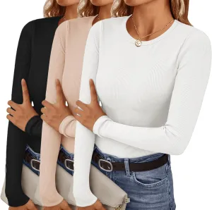 Ekouaer Women's Long Sleeve Shirts 3 Packs Crew Neck Stretchy Fitted Tops Ribbed Base Layer Soft Thermal Undershirts Tee