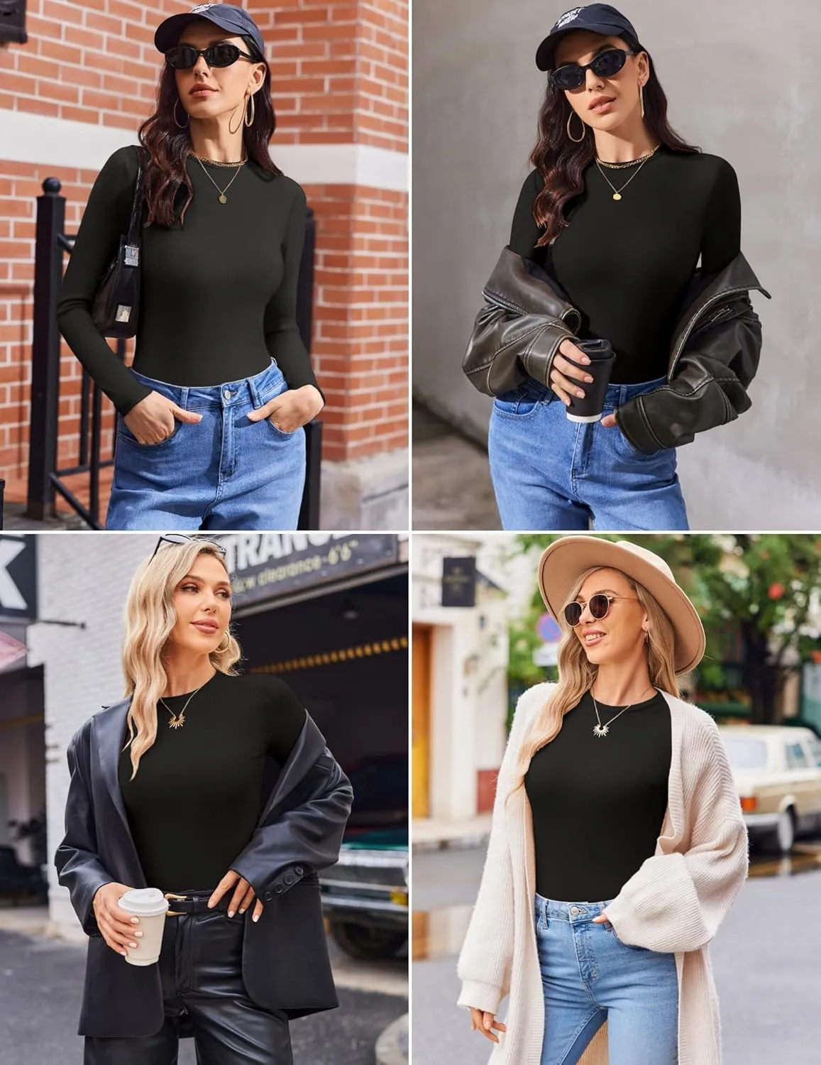Ekouaer Women's Long Sleeve Shirts 3 Packs Crew Neck Stretchy Fitted Tops Ribbed Base Layer Soft Thermal Undershirts Tee