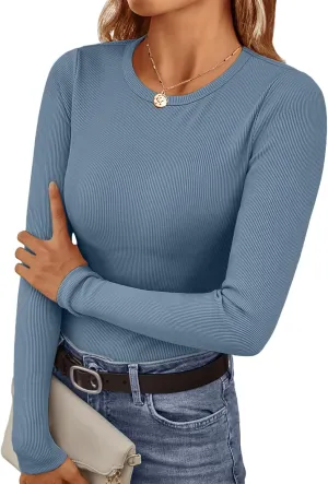 Ekouaer Womens Long Sleeve Shirts Crew Neck Stretchy Fitted Ribbed Tops Basic Base Layer Soft Thermal Undershirts Tee
