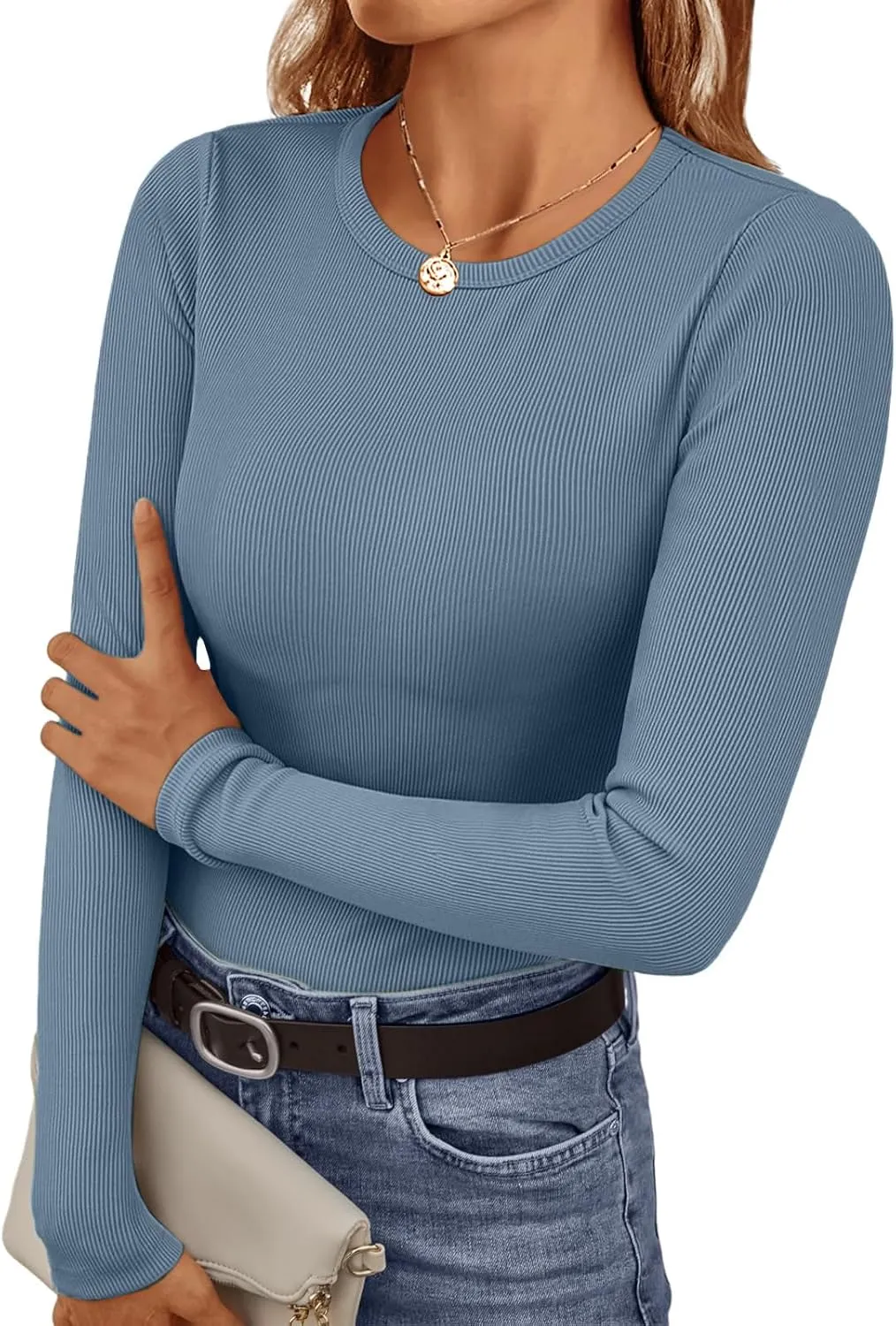 Ekouaer Womens Long Sleeve Shirts Crew Neck Stretchy Fitted Ribbed Tops Basic Base Layer Soft Thermal Undershirts Tee