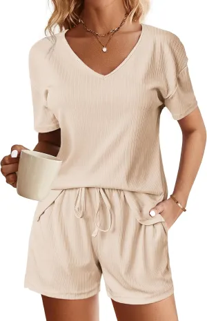 Ekouaer Womens Ribbed Knit Lounge Set Short Sleeve Top and Shorts Sleepwear Pajama Set Two Piece Shorts Outfits Set
