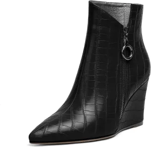 Eldof Wedge Heel Ankle Boots for Women with Zip Closure Pointed Toe Wedge Booties Party Dress Fashion Short Booties 3.5 Inch