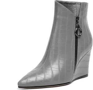 Eldof Wedge Heel Ankle Boots for Women with Zip Closure Pointed Toe Wedge Booties Party Dress Fashion Short Booties 3.5 Inch
