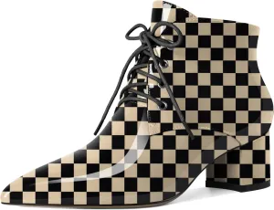 Eldof Women's Booties Low Chunky Heel Ankle Boots Pointed Toe Lace Up Comfortable Walking Boots