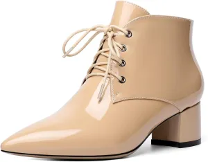 Eldof Women's Booties Low Chunky Heel Ankle Boots Pointed Toe Lace Up Comfortable Walking Boots