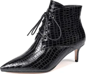 Eldof Women's Kitten Low Heel Ankle Boots Pointed Toe Lace Up Comfortable Walking Short Boots 2.5 Inches