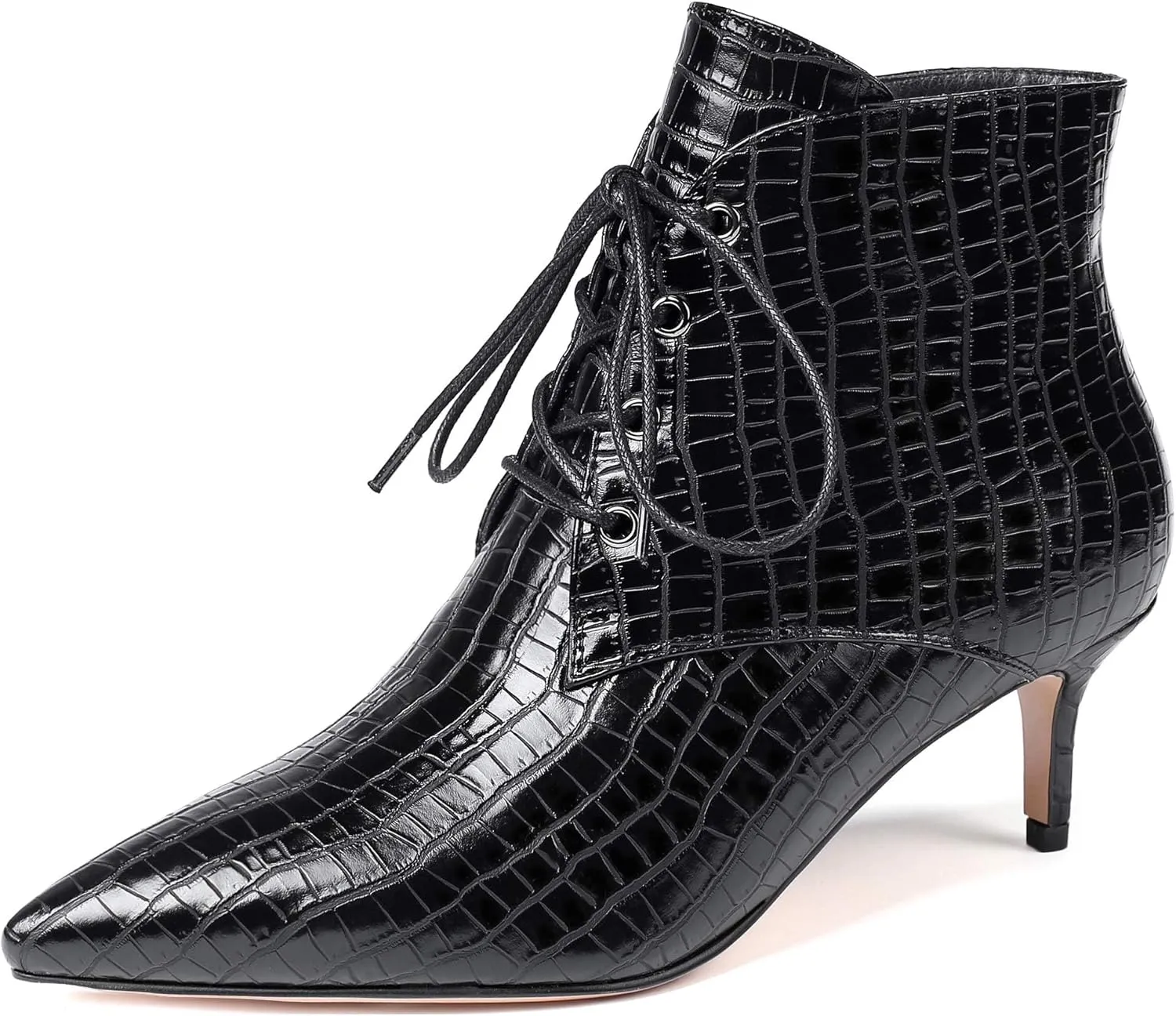 Eldof Women's Kitten Low Heel Ankle Boots Pointed Toe Lace Up Comfortable Walking Short Boots 2.5 Inches