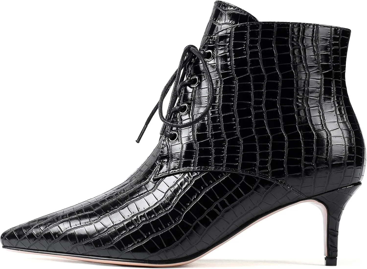 Eldof Women's Kitten Low Heel Ankle Boots Pointed Toe Lace Up Comfortable Walking Short Boots 2.5 Inches