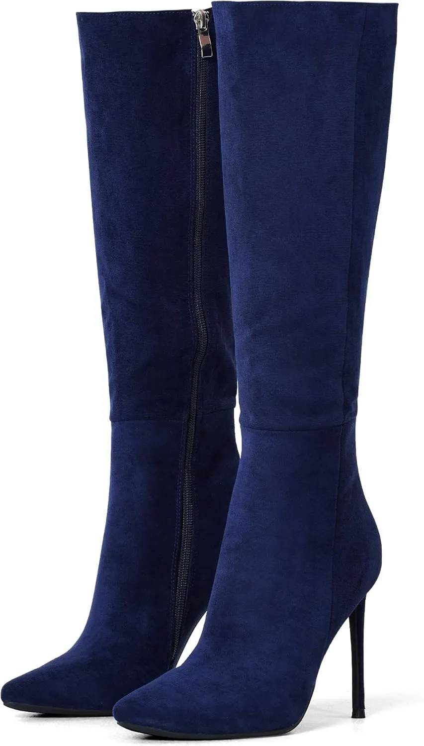 Elisabet Tang 4 inch Women's Knee High Long Boots, Stiletto Tall Pointed Toe Heeled Boot Leather Suede Comfortable Sexy