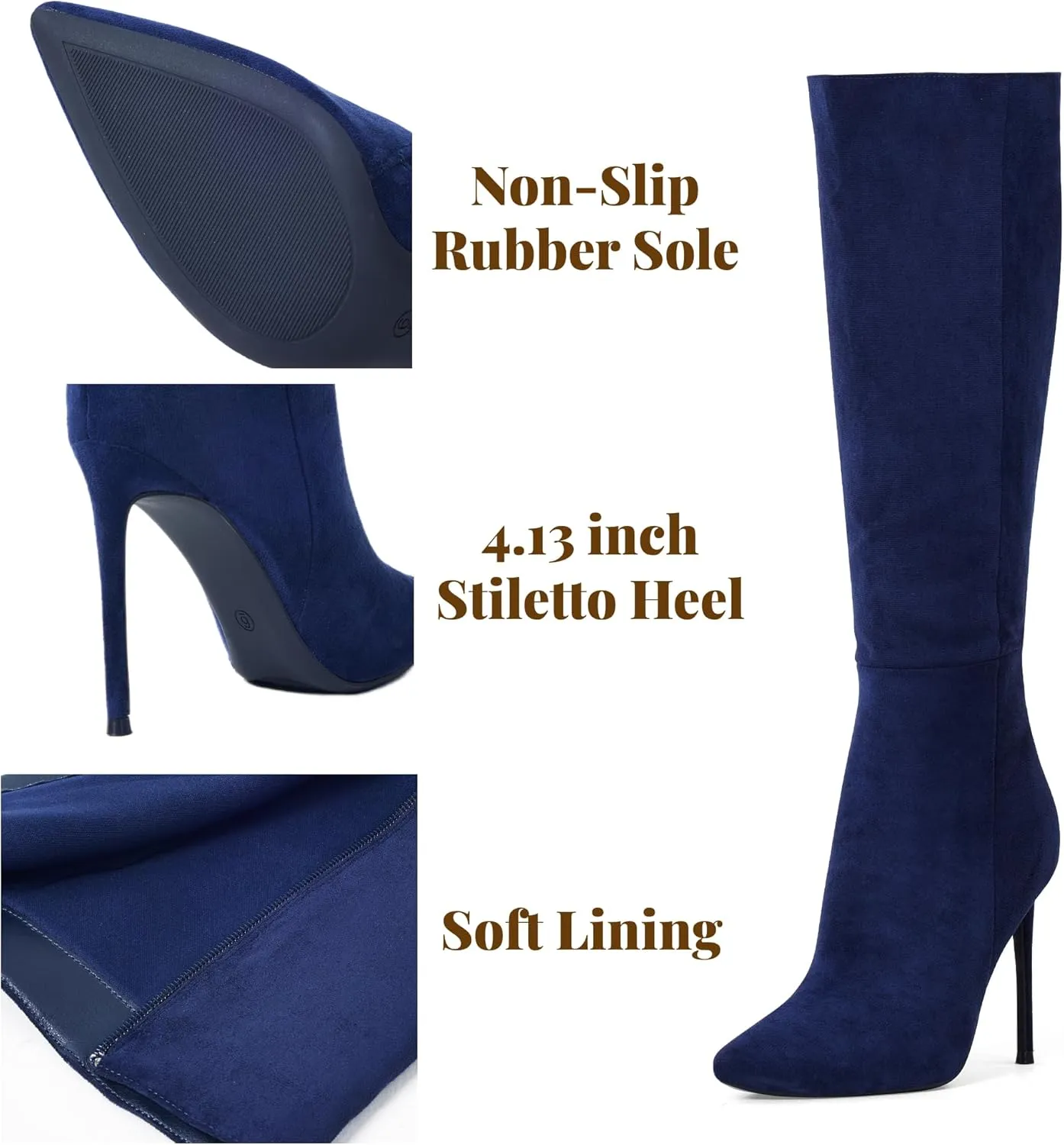 Elisabet Tang 4 inch Women's Knee High Long Boots, Stiletto Tall Pointed Toe Heeled Boot Leather Suede Comfortable Sexy