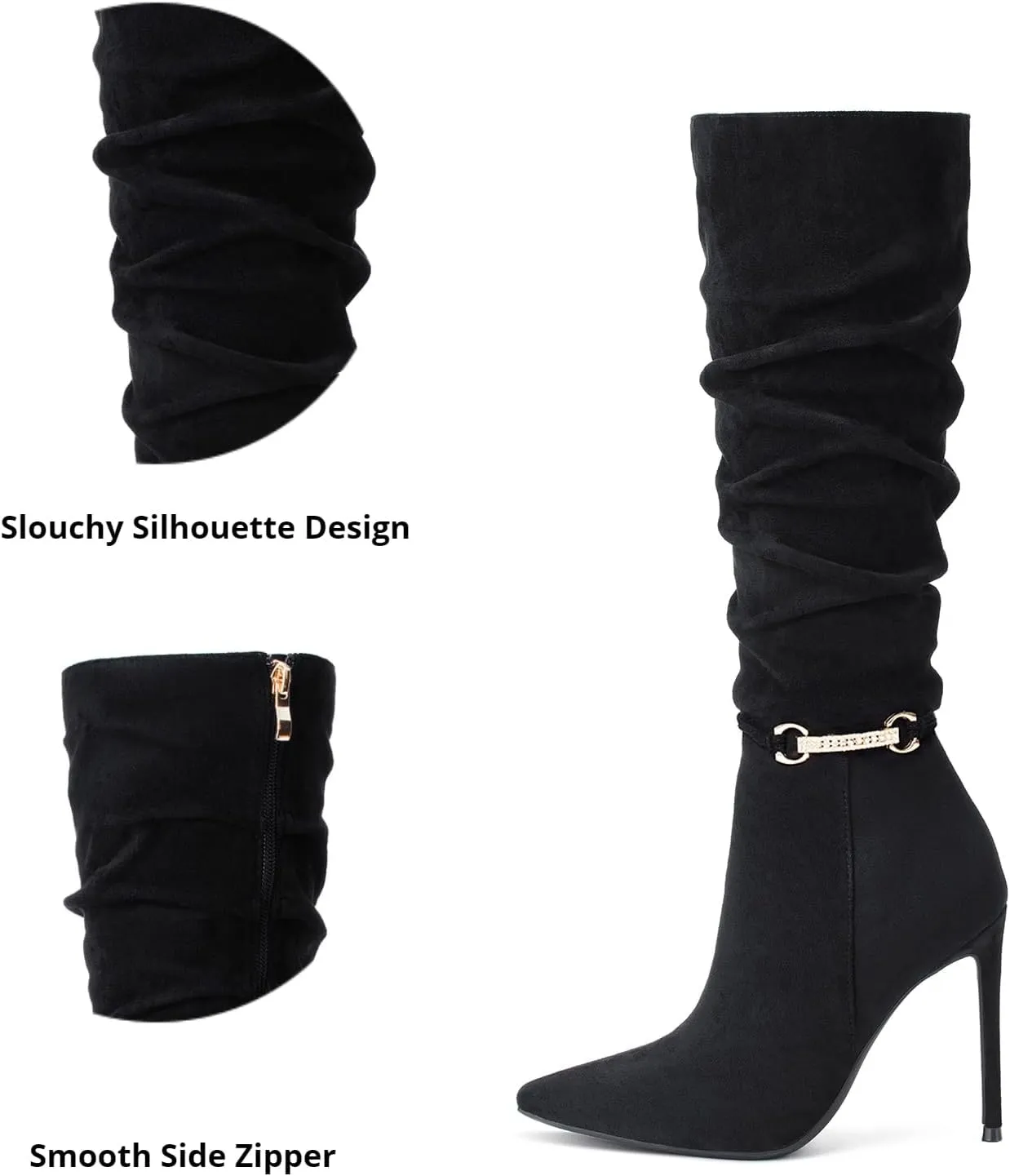 Elisabet Tang Women's Knee High Booties,Faux Suede 4" Stiletto Heel Pointed Toe Knee High Boots Side Zipper Boots Dress Shoes