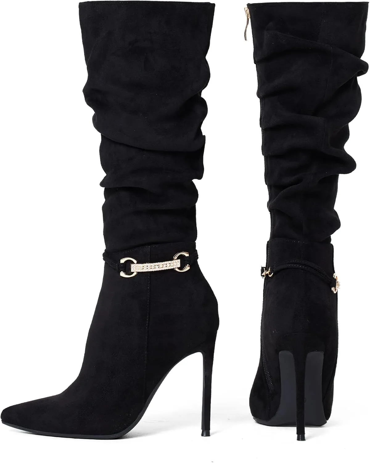 Elisabet Tang Women's Knee High Booties,Faux Suede 4" Stiletto Heel Pointed Toe Knee High Boots Side Zipper Boots Dress Shoes
