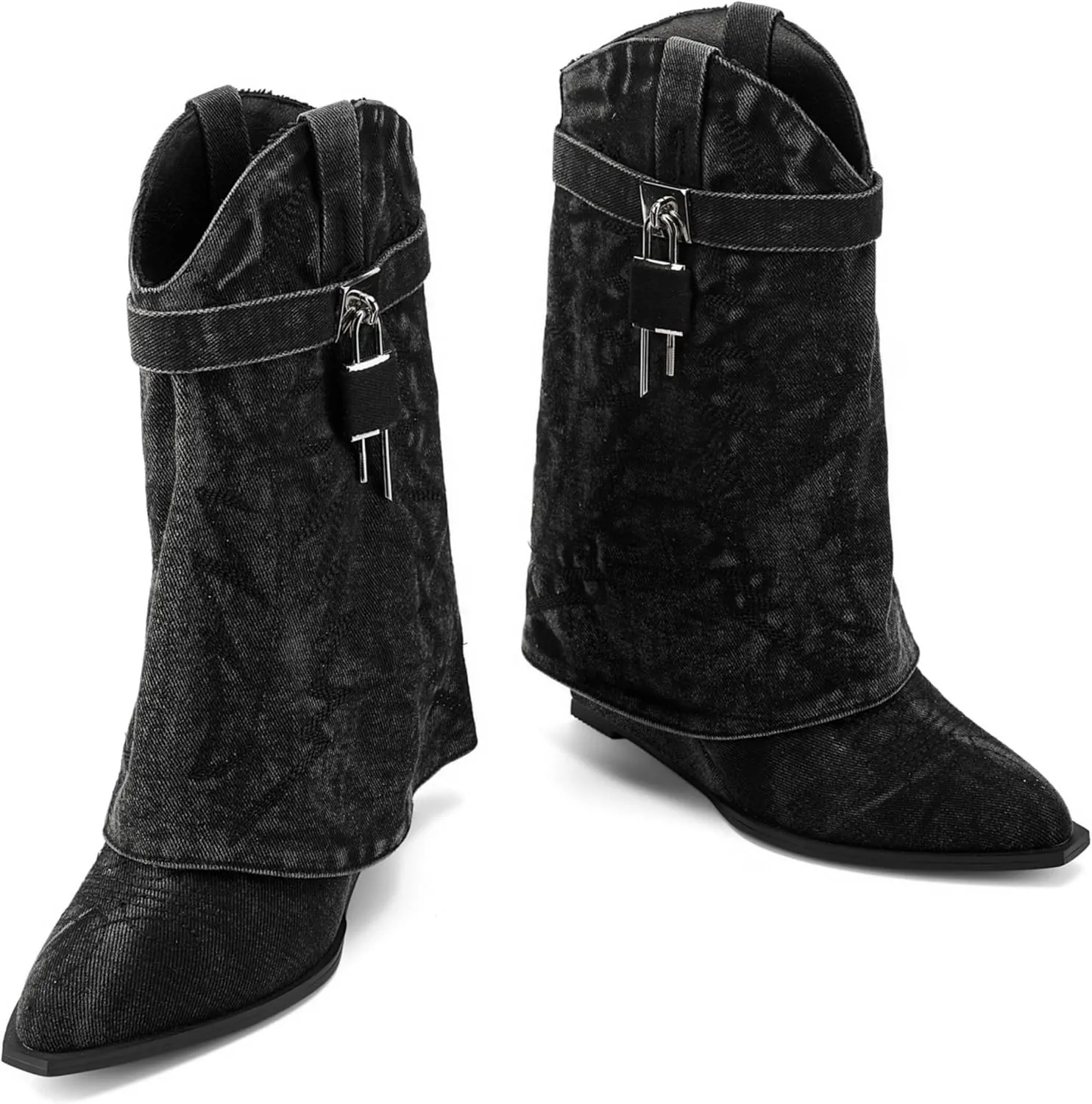 Embroidered Fold Over Over Wide Calf Wedge Pull-On Pointed Toe Western Cowgirl Floral Printing Booties for Women