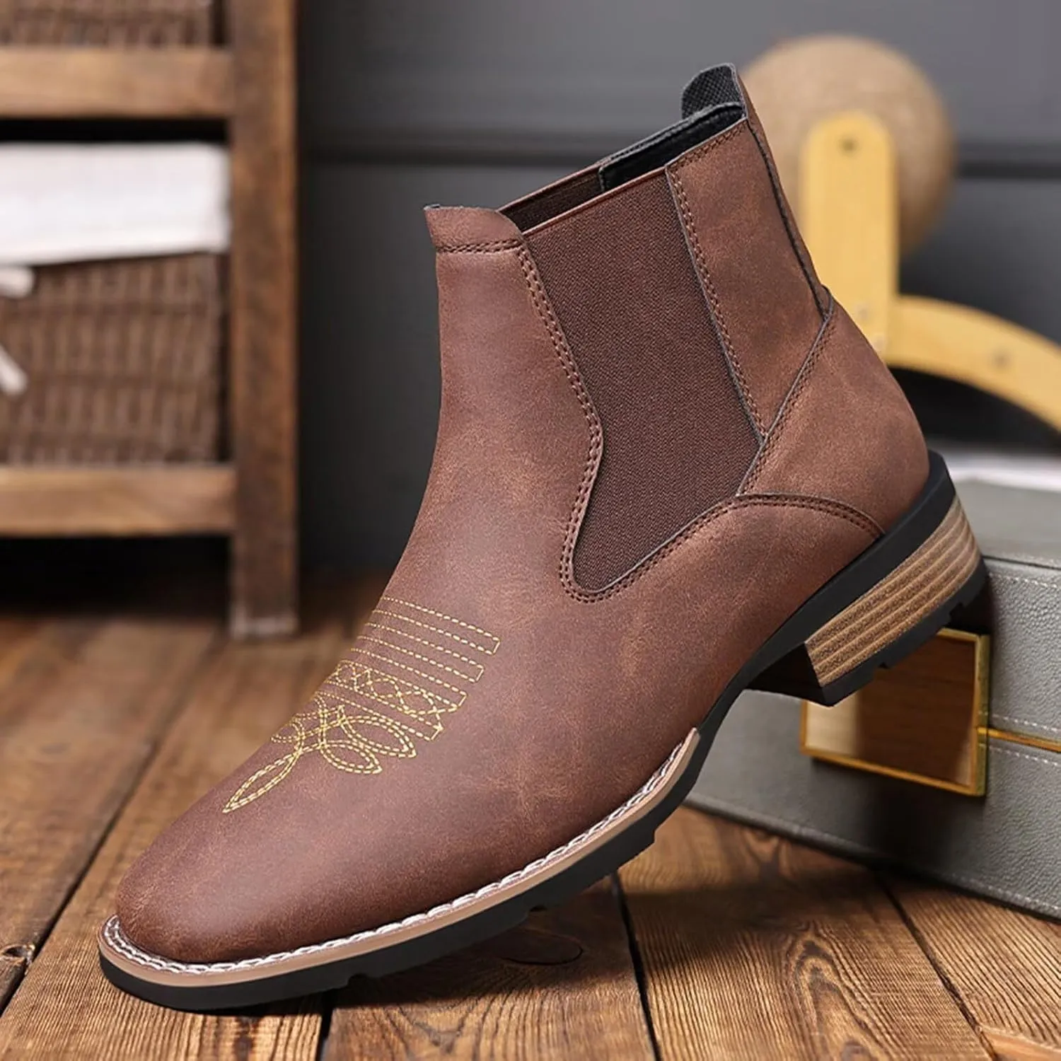 Embroidered Western Cowboy Boots for Men Ankle Cowboy Boots Chelsea Boots Casual Business Chunky Heel Boots Non-slip Comfortable Square Toe Dress Boots