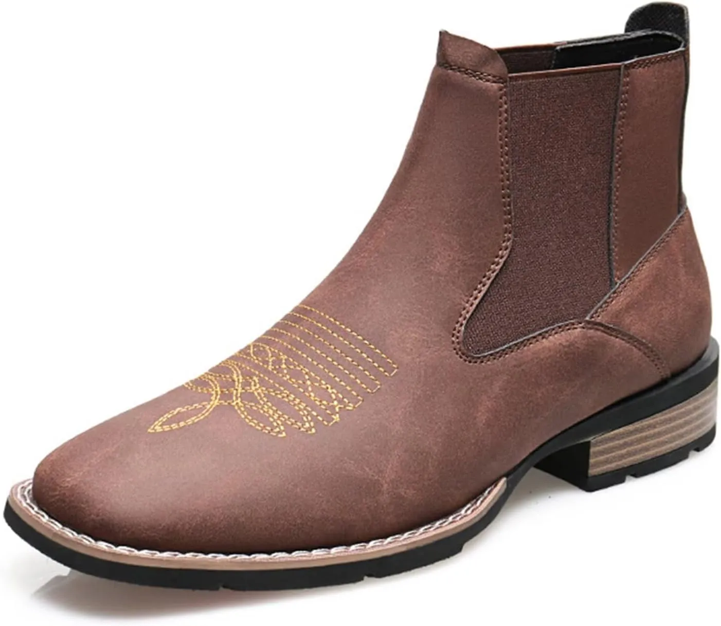 Embroidered Western Cowboy Boots for Men Ankle Cowboy Boots Chelsea Boots Casual Business Chunky Heel Boots Non-slip Comfortable Square Toe Dress Boots