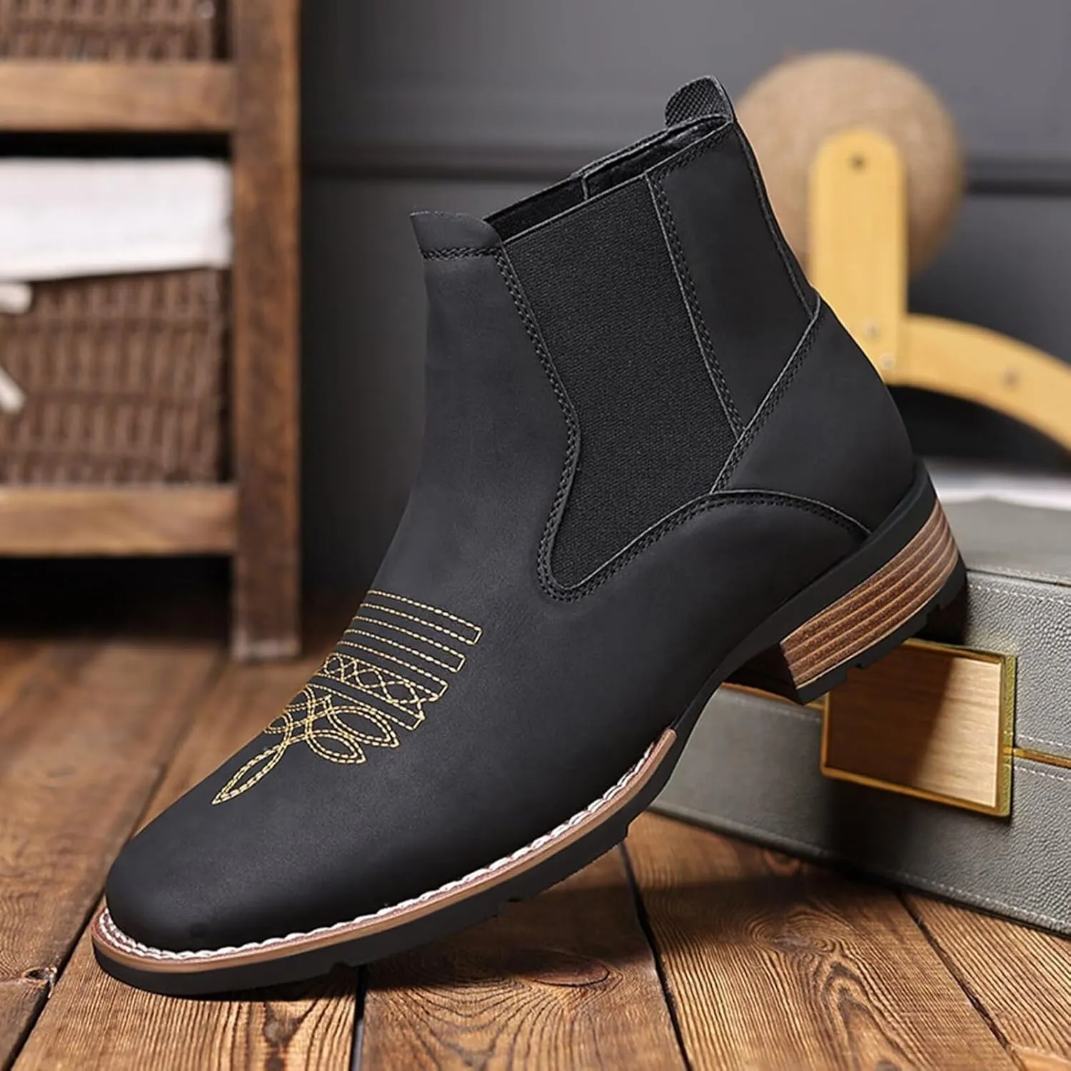 Embroidered Western Cowboy Boots for Men Ankle Cowboy Boots Chelsea Boots Casual Business Chunky Heel Boots Non-slip Comfortable Square Toe Dress Boots