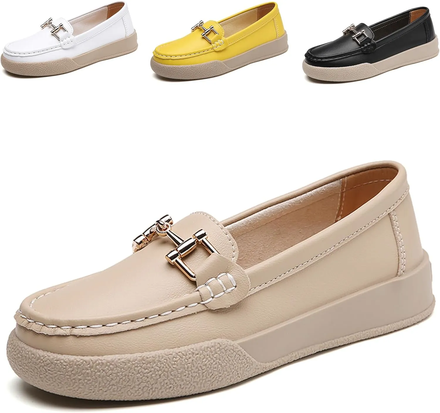Ephirebra Women's Slip-On Leather Memory Foam Loafers Comfortable Non-Slip Walking Loafers Fashion Moccasins Dress Shoes