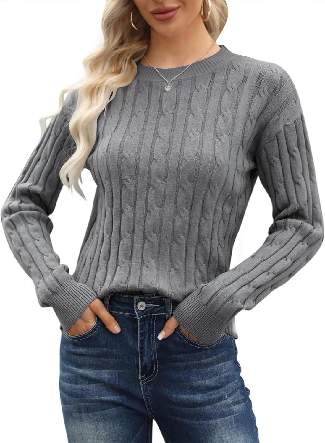 Esobo Women's Classic-fit Lightweight Cable Long Sleeve Mockneck Loose Casual Sweater Jumpers