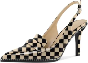 Esvowido Women 3.5" Slingback High Heel Pumps Stilettos Beaded Pointed Toe Shoes Slip On Loafers Pumps Patent Leather High Heel Shoes for Women