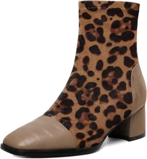 Esvowido Women's Ankle Boots Cap Toe Heels Square Toe Two Toned Block Low Heel Booties Slip on Suede Faux Crocodile Winter Boots