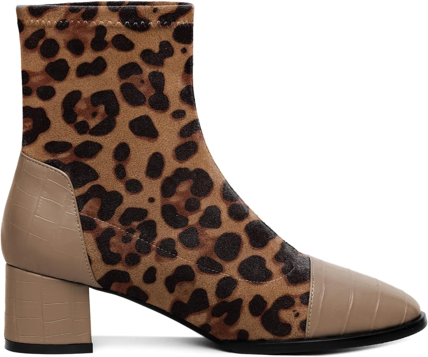Esvowido Women's Ankle Boots Cap Toe Heels Square Toe Two Toned Block Low Heel Booties Slip on Suede Faux Crocodile Winter Boots