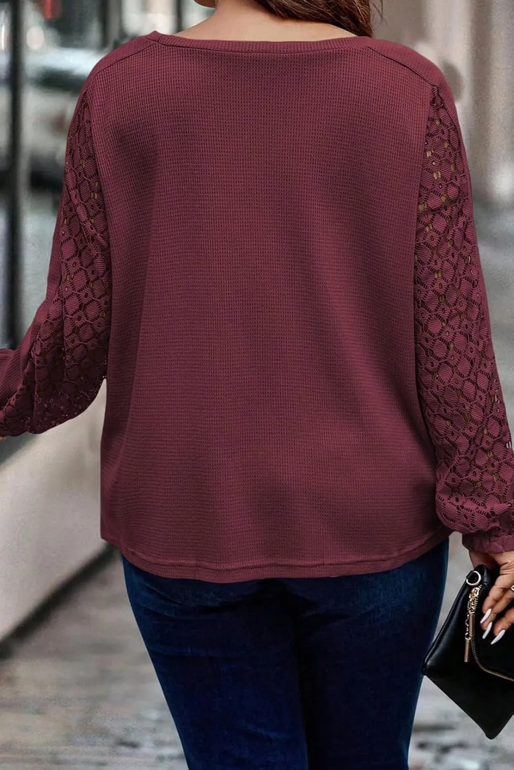 Eytino Womens Plus Size Tops Lace Long Sleeve Waffle T Shirts Casual Crewneck Tunic Tops(1X-5X)