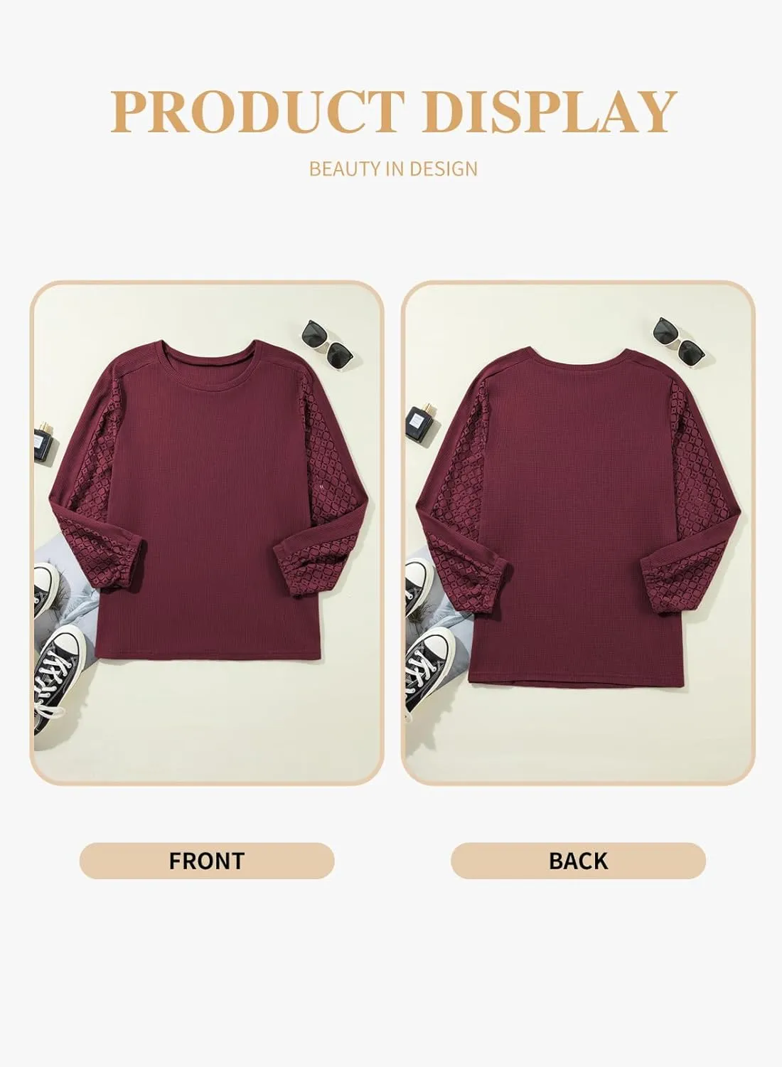 Eytino Womens Plus Size Tops Lace Long Sleeve Waffle T Shirts Casual Crewneck Tunic Tops(1X-5X)