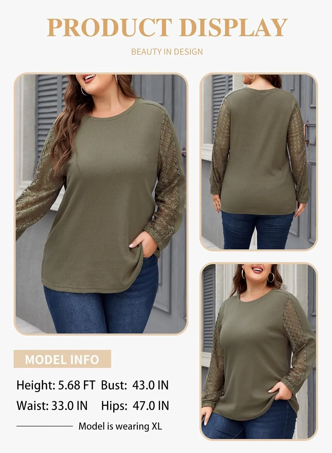 Eytino Womens Plus Size Tops Lace Long Sleeve Waffle T Shirts Casual Crewneck Tunic Tops(1X-5X)